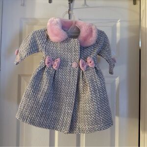 Baby Beri Pink Gray Tweed  Baby Dress Coat 6-9 Mos Faux Fur Collar Velvet Bows